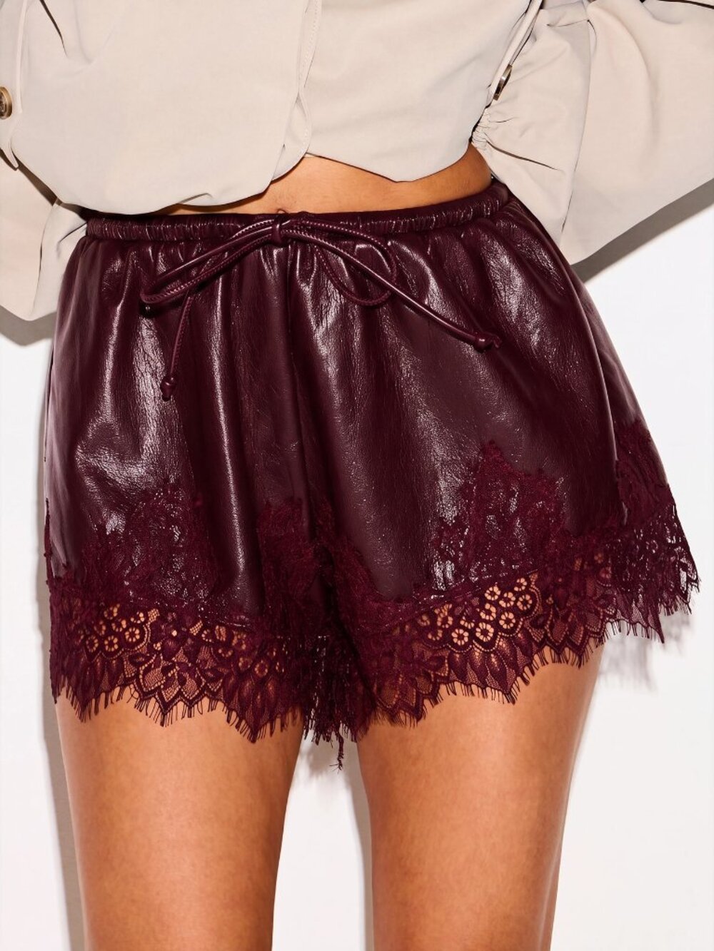 Burgundy Party Women's Faux Leather Loose Elastic Waist Track Shorts